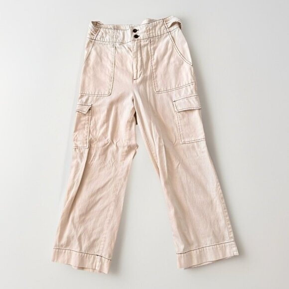 Nicole Miller Cargo Pants Size 6 Khaki Cream Multi Pockets Brown Threading - Picture 1 of 5